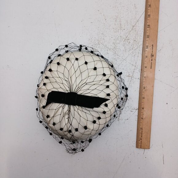 Ivory Fabric & Satin Pillbox Ladies Hat W/ Black Net Veil -Cathay of California - Picture 11 of 12